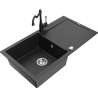 Mexen Leo Granitspüle 1-Becken mit Abtropffläche und Küchenarmatur Carla, schwarz/silber Metallic - 6501-73-670700-70