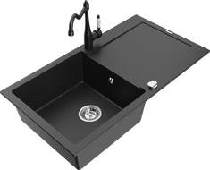 Mexen Leo Granitspüle 1-Becken mit Abtropffläche und Küchenarmatur Carla, schwarz/silber Metallic - 6501-73-670700-70