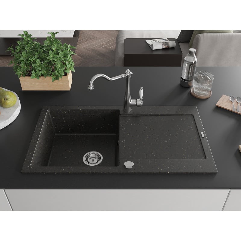 Mexen Leo Granitspüle 1-Becken mit Abtropffläche und Küchenarmatur Carla, schwarz/goldene Metallic - 6501-75-670700-00