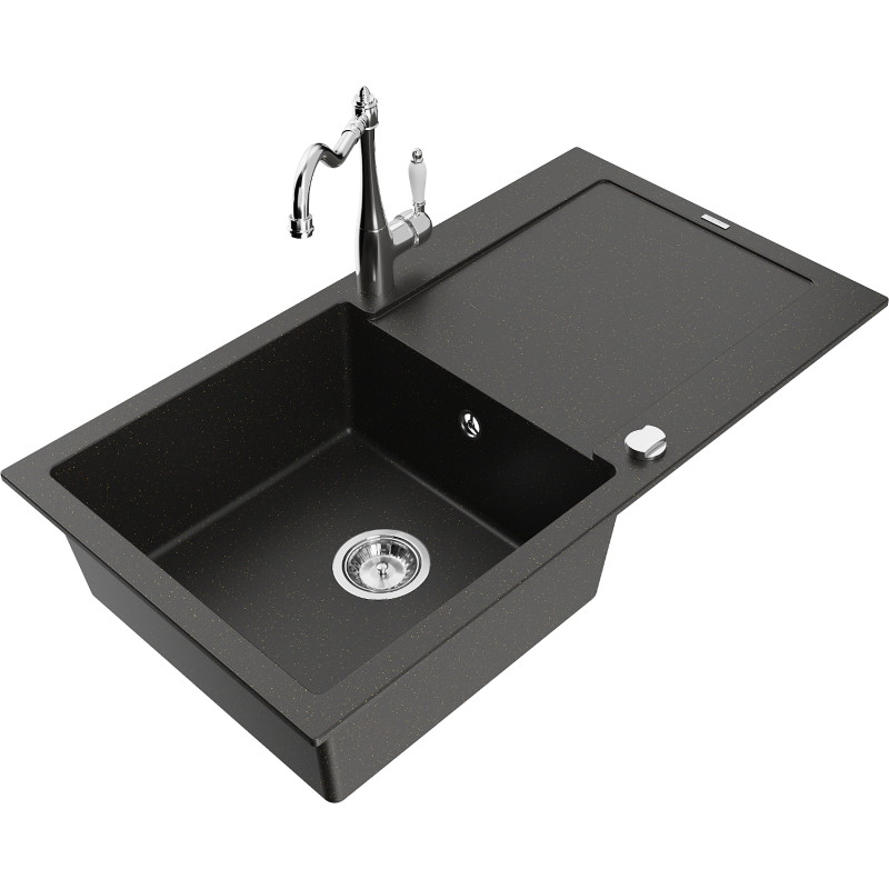 Mexen Leo Granitspüle 1-Becken mit Abtropffläche und Küchenarmatur Carla, schwarz/gold metallic - 6501-75-670700-00
