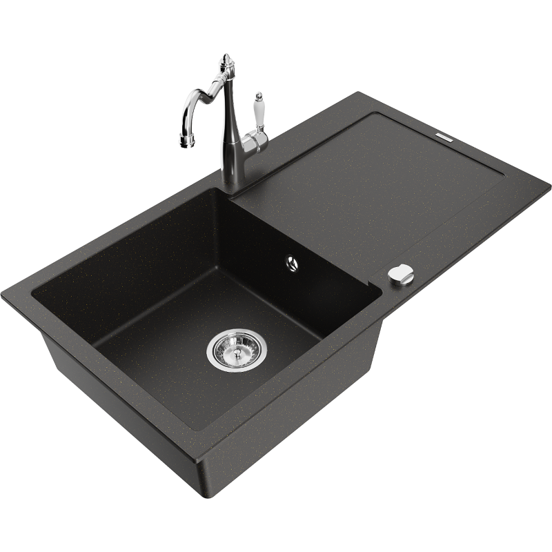 Mexen Leo Granitspüle 1-Becken mit Abtropffläche und Küchenarmatur Carla, schwarz/goldene Metallic - 6501-75-670700-00