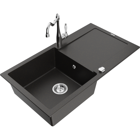 Mexen Leo Granitspüle 1-Becken mit Abtropffläche und Küchenarmatur Carla, schwarz/goldene Metallic - 6501-75-670700-00