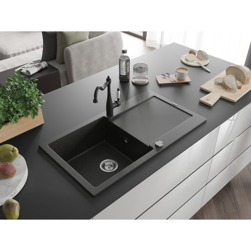 Mexen Leo Granitspüle, 1 Becken mit Abtropffläche und Küchenarmatur Carla, schwarz/goldfarben metallic - 6501-75-670700-70