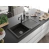 Mexen Leo Granitspüle mit 1 Becken, Abtropffläche und Küchenarmatur Carla, Schwarz/Gold Metallic - 6501-75-670700-70