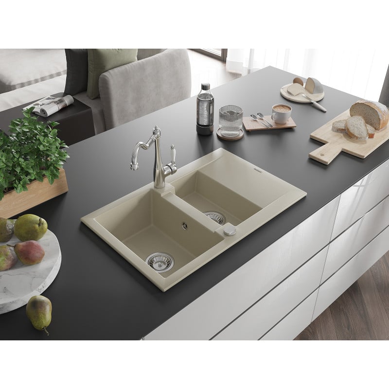 Mexen Gaspar Granitspüle 1,5-Becken mit Abtropffläche und Küchenarmatur Carla, beige - 6507-69-670700-00
