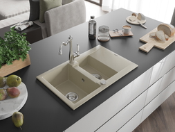 Mexen Gaspar Granitspüle 1,5-Becken mit Abtropffläche und Küchenarmatur Carla, beige - 6507-69-670700-00