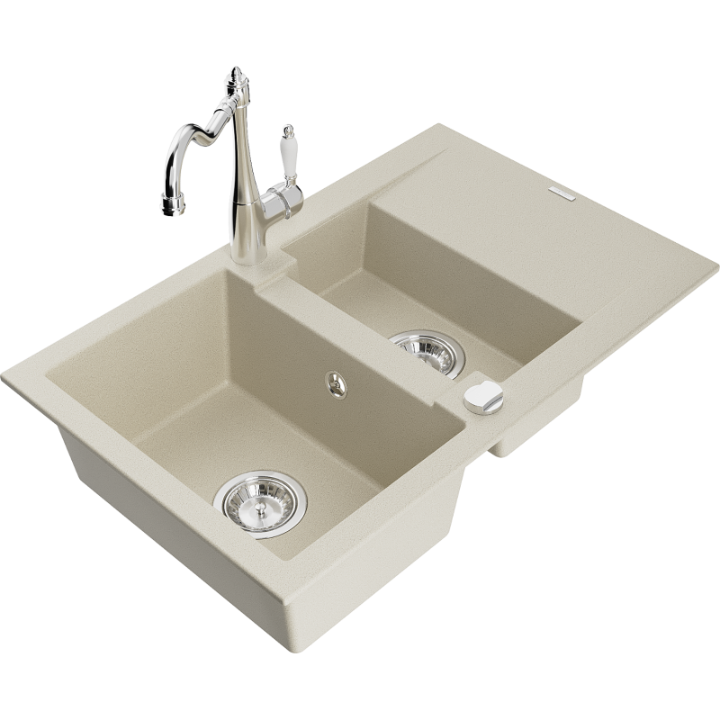 Mexen Gaspar Granitspüle 1,5-Becken mit Abtropffläche und Küchenarmatur Carla, beige - 6507-69-670700-00