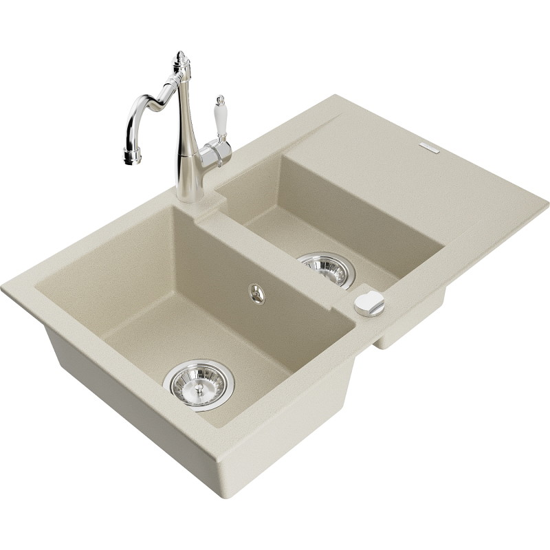 Mexen Gaspar Granitspüle 1,5-beckig mit Abtropffläche und Küchenarmatur Carla, beige - 6507-69-670700-00