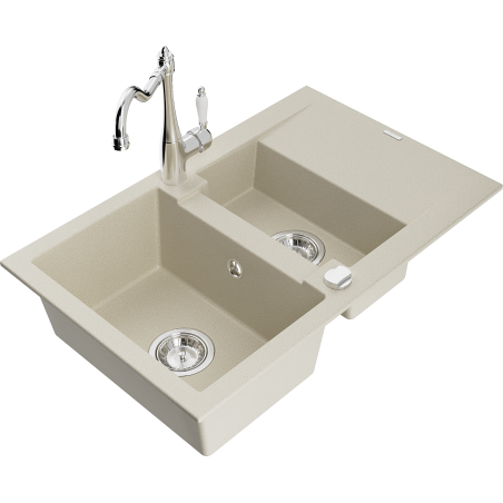 Mexen Gaspar Granitspüle 1,5-Becken mit Abtropffläche und Küchenarmatur Carla, beige - 6507-69-670700-00