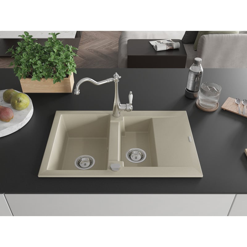 Mexen Gaspar Granitspüle 1,5-Becken mit Abtropffläche und Küchenarmatur Carla, beige - 6507-69-670700-00