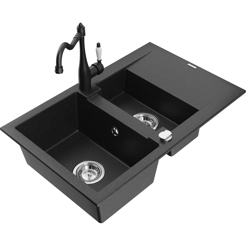 Mexen Gaspar Granitspüle 1,5-Becken mit Abtropffläche und Küchenarmatur Carla schwarz/silbermetallic - 6507-73-670700-70