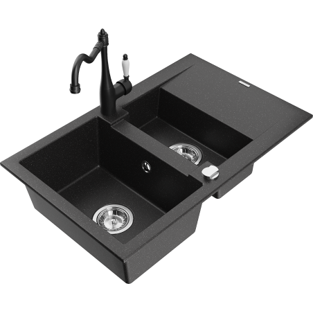 Mexen Gaspar granitspüle 1,5-becken mit abtropffläche und küchenarmatur Carla schwarz/silber-metallic - 6507-73-670700-70