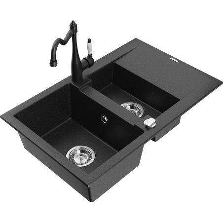 Mexen Gaspar Granitspüle 1,5-Becken mit Abtropffläche und Küchenarmatur Carla schwarz/silbermetallic - 6507-73-670700-70