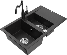 Mexen Gaspar Granitspüle 1,5-fach mit Abtropffläche und Küchenarmatur Carla schwarz/silber metallic - 6507-73-670700-70
