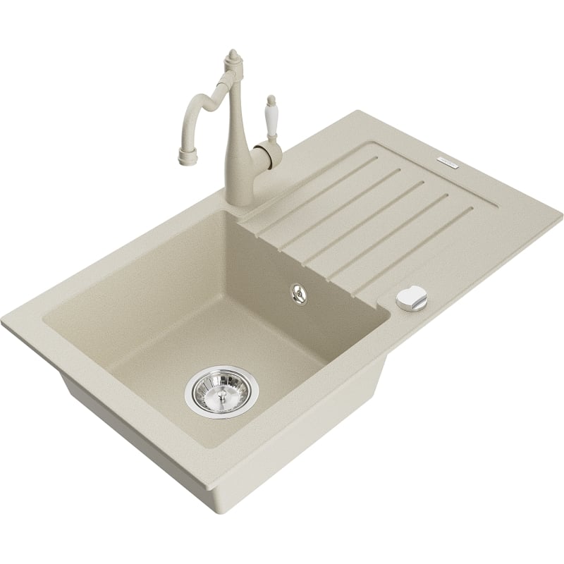 Mexen Pablo 1-becken Granitspüle mit Abtropffläche und Küchenarmatur Carla, beige - 6510-69-670700-69