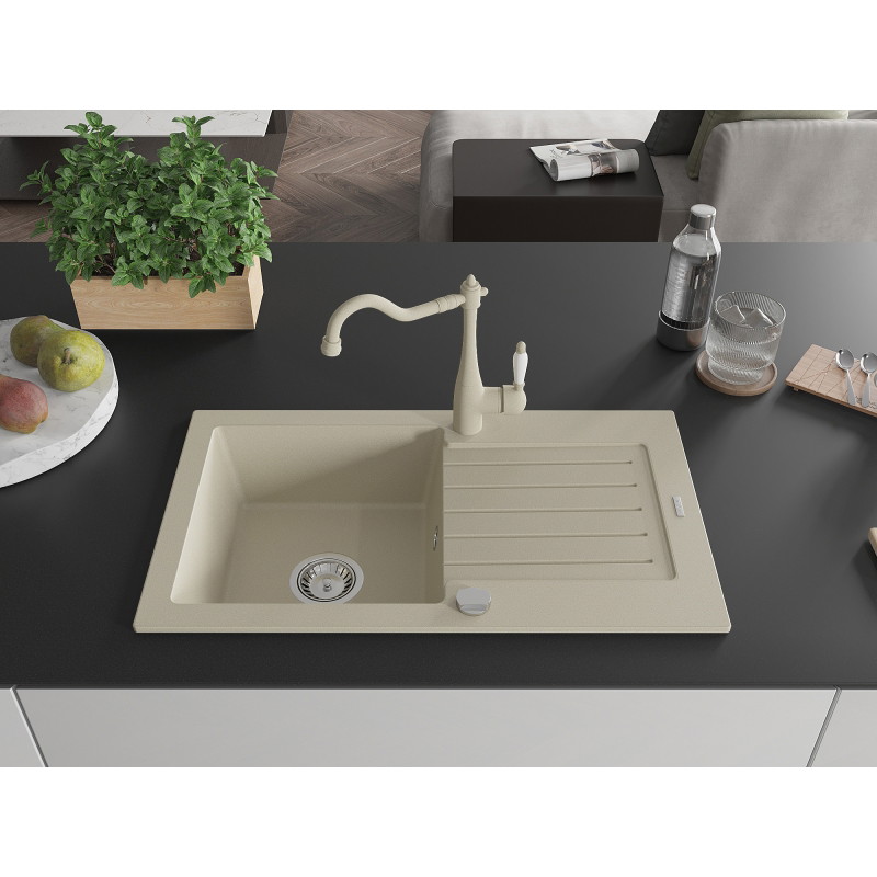 Mexen Pablo Granitspüle 1-beckig mit Abtropffläche und Küchenarmatur Carla, beige - 6510-69-670700-69