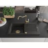 Mexen Pablo Granitspüle 1-Becken mit Abtropffläche und Küchenarmatur Carla, schwarz/goldener Metallic - 6510-75-670700-50
