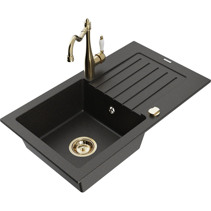 Mexen Pablo Granitspüle 1-becken mit Abtropffläche und Küchenarmatur Carla, schwarz/gold-metallic - 6510-75-670700-50