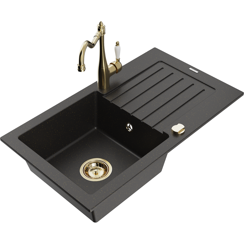 Mexen Pablo Granitspüle 1-Becken mit Abtropffläche und Küchenarmatur Carla, schwarz/goldener Metallic - 6510-75-670700-50