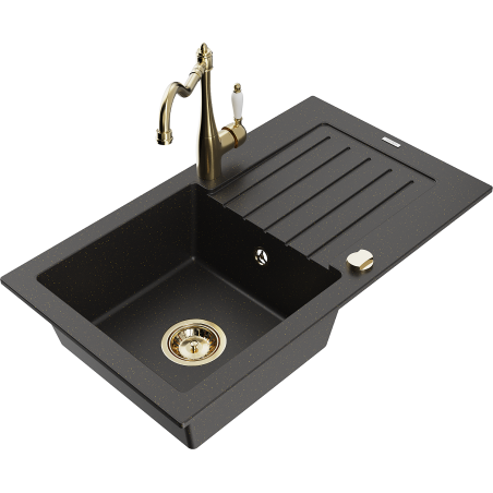 Mexen Pablo Granitspüle 1-becken mit Abtropffläche und Küchenarmatur Carla, schwarz/gold-metallic - 6510-75-670700-50