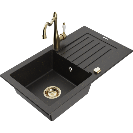 Mexen Pablo Granitspüle 1-Becken mit Abtropffläche und Küchenarmatur Carla, schwarz/goldener Metallic - 6510-75-670700-50