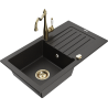 Mexen Pablo Granitspüle 1-becken mit Abtropffläche und Küchenarmatur Carla, schwarz/gold-metallic - 6510-75-670700-50