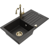 Mexen Pablo Granitspüle 1-Becken mit Abtropffläche und Küchenarmatur Carla, schwarz/goldener Metallic - 6510-75-670700-50