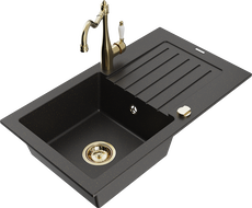 Mexen Pablo Granitspüle 1-Becken mit Abtropffläche und Küchenarmatur Carla, schwarz/goldener Metallic - 6510-75-670700-50
