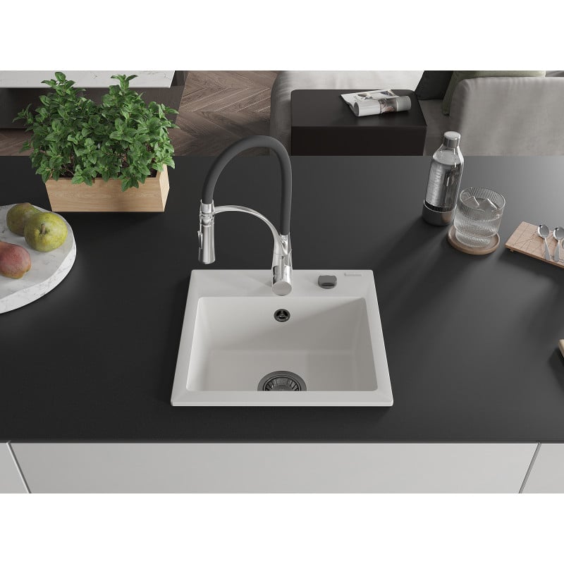 Mexen Milo Granitspüle 1-Becken mit Küchenarmatur Aster, weiß - 6505-20-73450-07-B