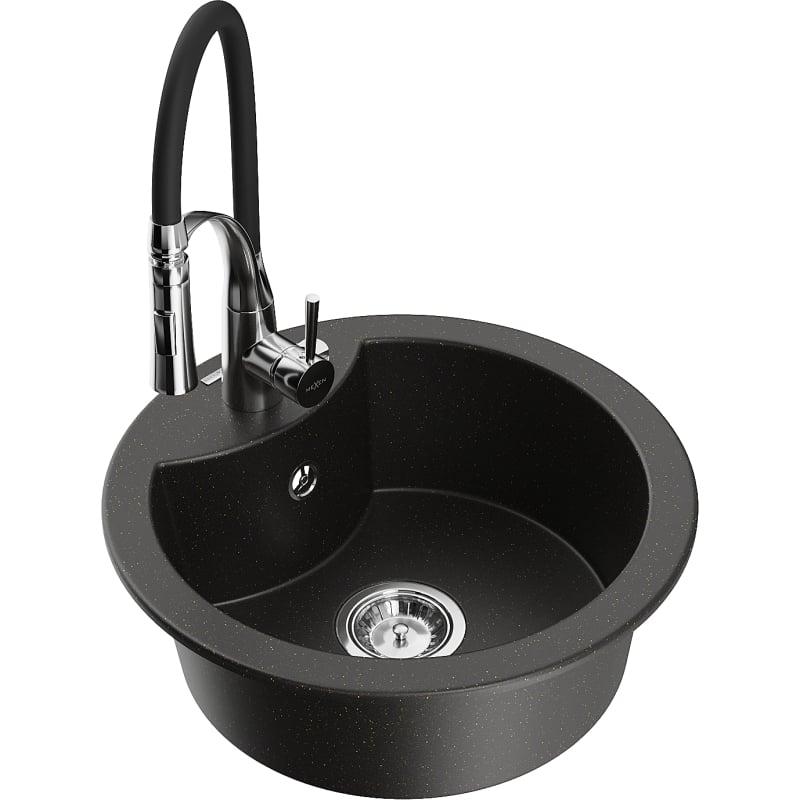 Mexen Diego Granitspüle 1-Kammer mit Küchenarmatur Aster, schwarz/goldener Metallic - 6512-75-73450-70
