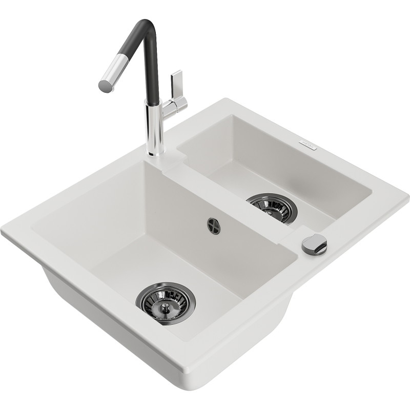Mexen Carlos 1,5-Kammer Granitspüle mit Küchenarmatur Flora, weiß - 6518-20-670401-07-B