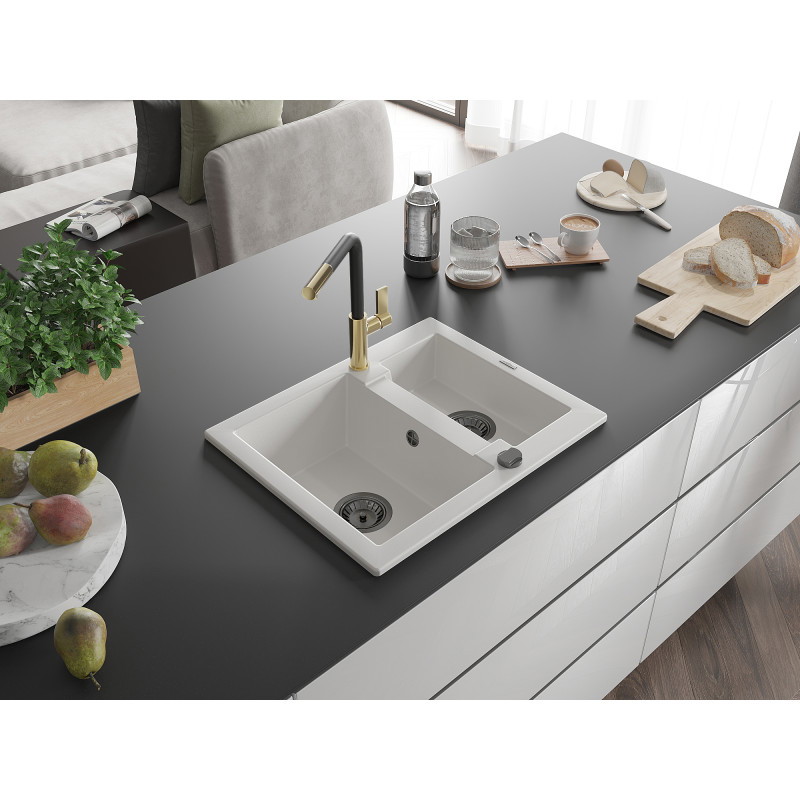 Mexen Carlos Granitspüle 1,5-fach mit Küchenarmatur Flora, weiß - 6518-20-670401-57-B