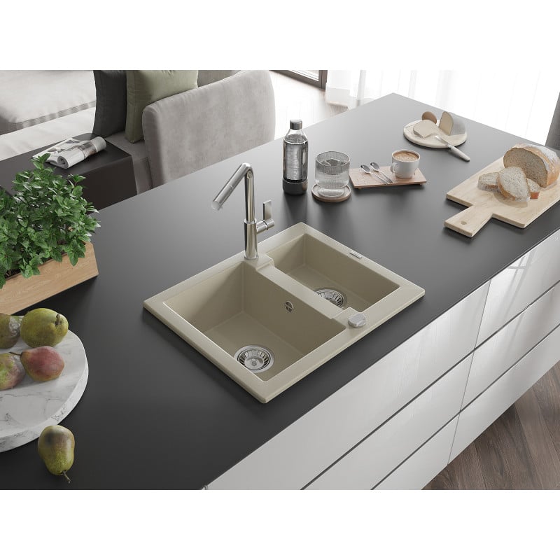 Mexen Carlos Granitspüle 1,5-Becken mit Küchenarmatur Flora, beige - 6518-69-670401-00