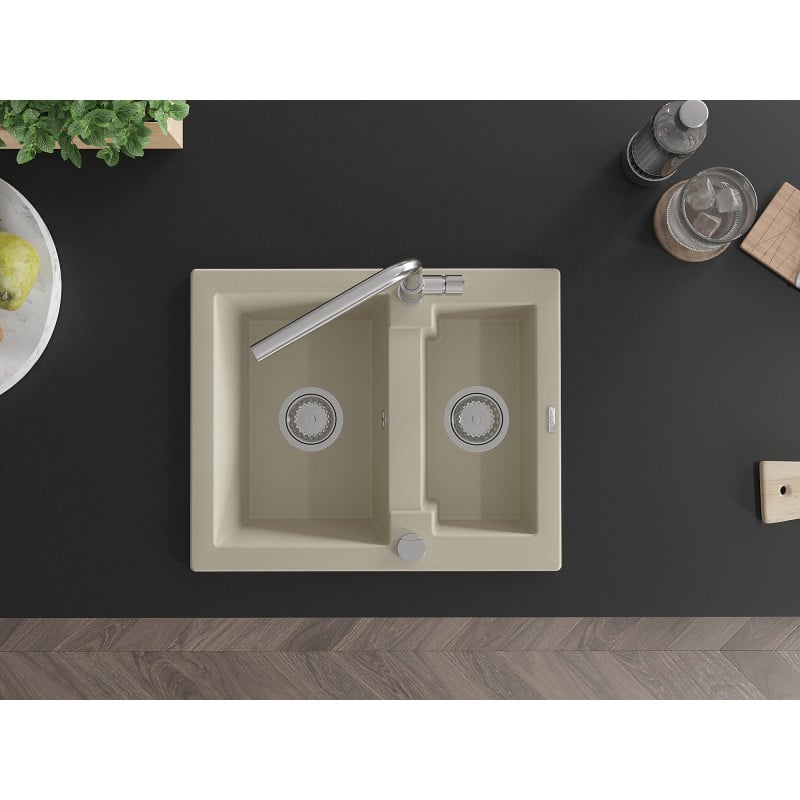 Mexen Carlos Granitspüle 1,5-Becken mit Küchenarmatur Flora, beige - 6518-69-670401-00