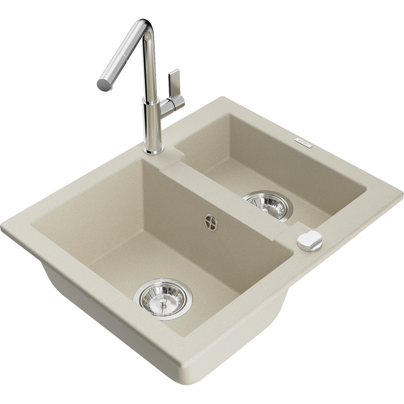 Mexen Carlos Granitspüle 1,5-Becken mit Küchenarmatur Flora, beige - 6518-69-670401-00