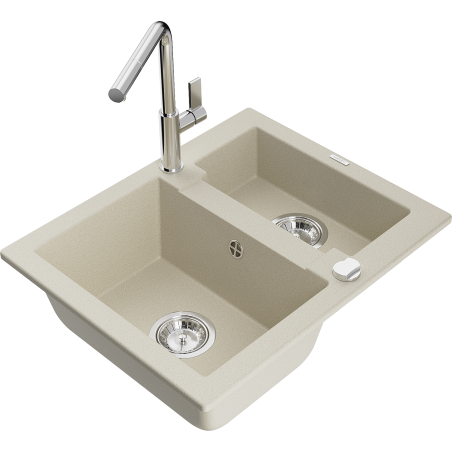 Mexen Carlos Granitspüle 1,5-Becken mit Küchenarmatur Flora, beige - 6518-69-670401-00