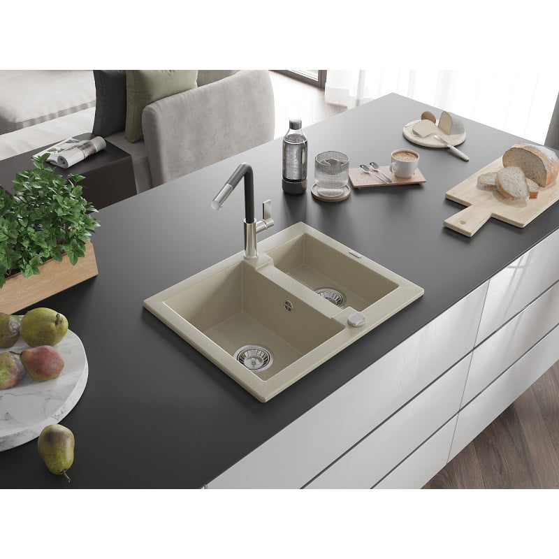 Mexen Carlos Granit-Spüle 1,5-Becken mit Küchenarmatur Flora, beige - 6518-69-670401-07