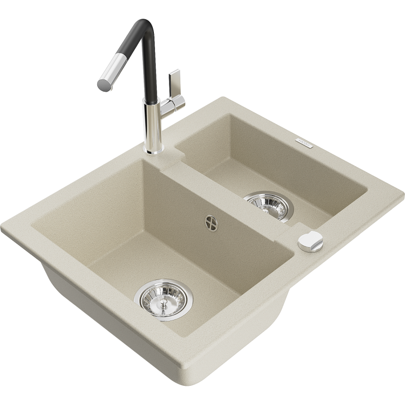 Mexen Carlos Granit-Spüle 1,5-Becken mit Küchenarmatur Flora, beige - 6518-69-670401-07