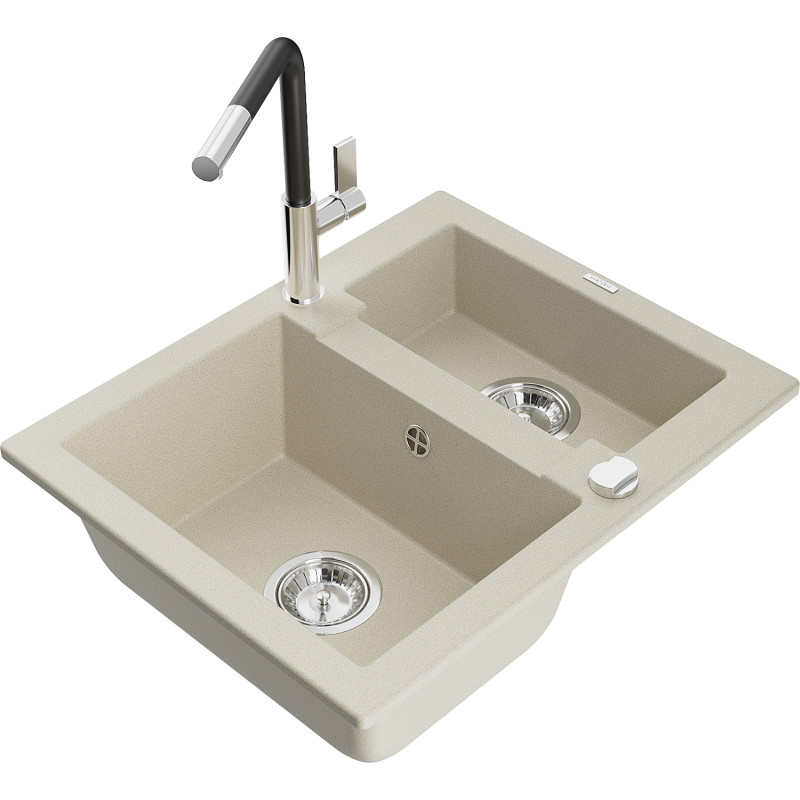 Mexen Carlos Granitspüle 1,5-fach mit Küchenarmatur Flora, beige - 6518-69-670401-07