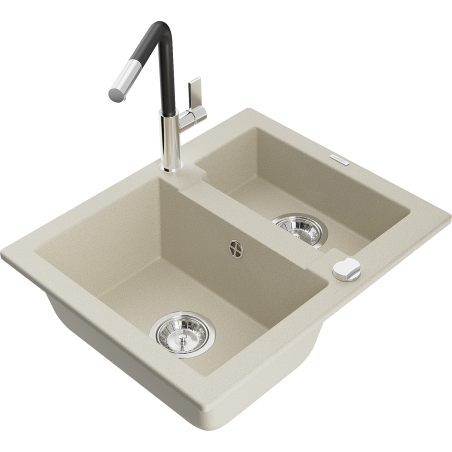 Mexen Carlos Granit-Spüle 1,5-Becken mit Küchenarmatur Flora, beige - 6518-69-670401-07