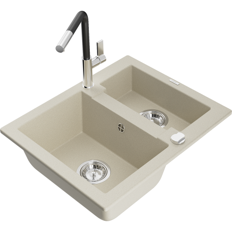 Mexen Carlos Granitspüle 1,5-fach mit Küchenarmatur Flora, beige - 6518-69-670401-07