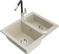 Mexen Carlos Granit-Spüle 1,5-Becken mit Küchenarmatur Flora, beige - 6518-69-670401-07