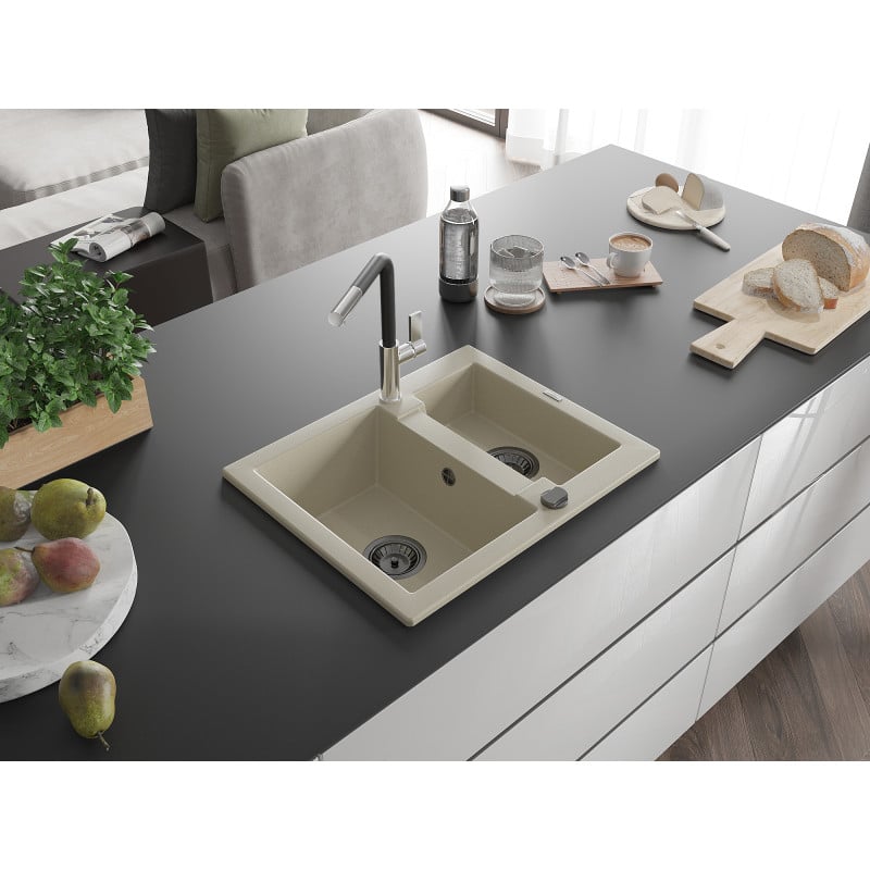 Mexen Carlos Granitspüle 1,5-Becken mit Küchenarmatur Flora, beige - 6518-69-670401-07-B