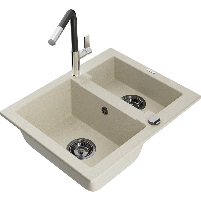 Mexen Carlos Granitspüle 1,5-Becken mit Küchenarmatur Flora, beige - 6518-69-670401-07-B