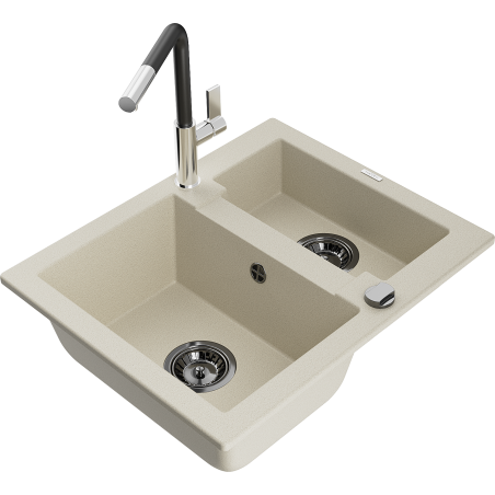 Mexen Carlos Granitspüle 1,5-Becken mit Küchenarmatur Flora, beige - 6518-69-670401-07-B