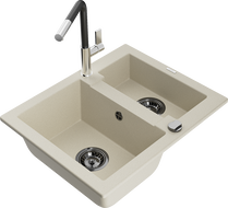 Mexen Carlos Granitspüle 1,5-Becken mit Küchenarmatur Flora, beige - 6518-69-670401-07-B