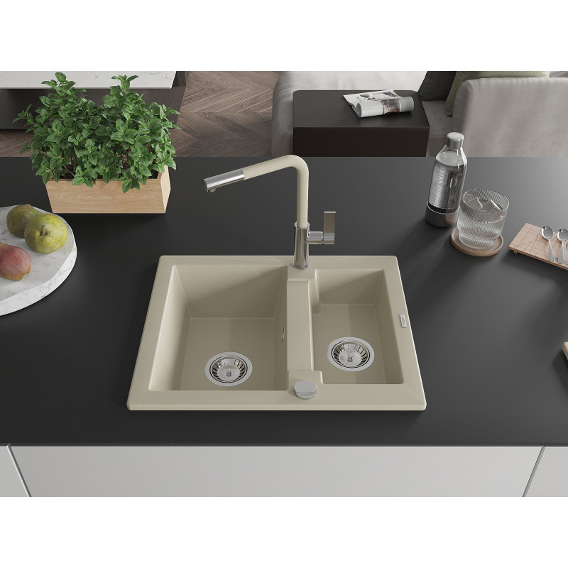 Mexen Carlos Granitspüle 1,5 Becken mit Küchenarmatur Flora, beige - 6518-69-670401-09