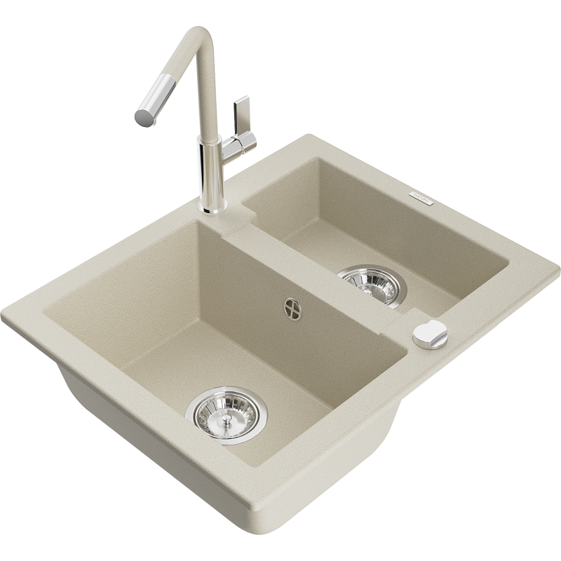 Mexen Carlos Granitspüle 1,5 Becken mit Küchenarmatur Flora, beige - 6518-69-670401-09