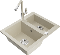 Mexen Carlos Granitspüle 1,5 Becken mit Küchenarmatur Flora, beige - 6518-69-670401-09