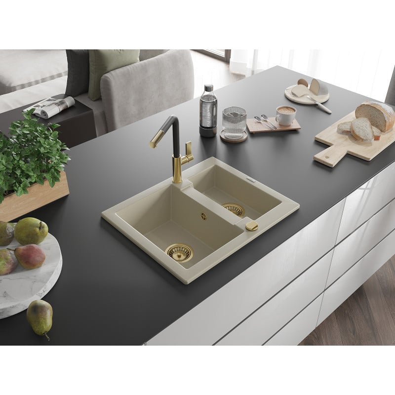 Mexen Carlos granit Spülbecken 1,5 Kammern mit Küchenarmatur Flora, beige - 6518-69-670401-57-G